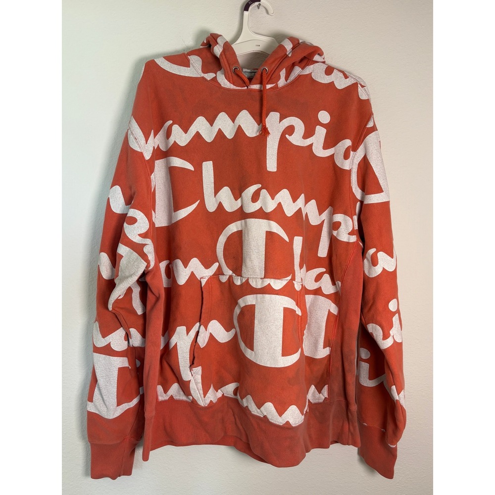 Champion Reverse Weave Hoodie Orange All Over Print Script Logo Mens 2XL